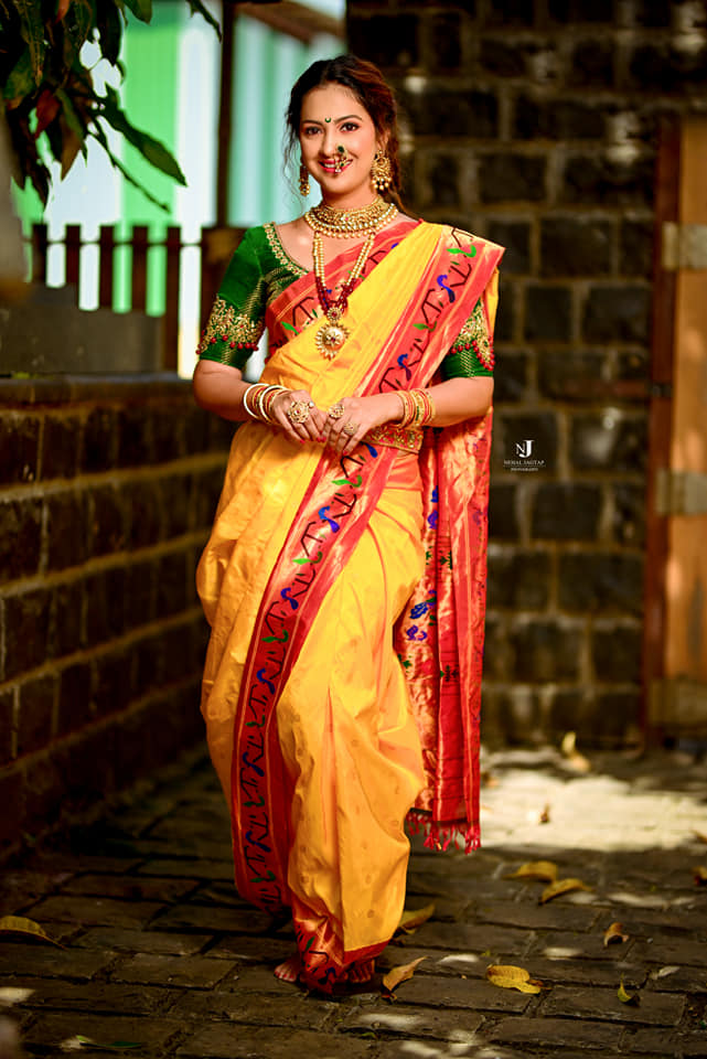 Aggabai Sasubai Actress Tejashree Pradhan in Yellow Saree With Green Blouse