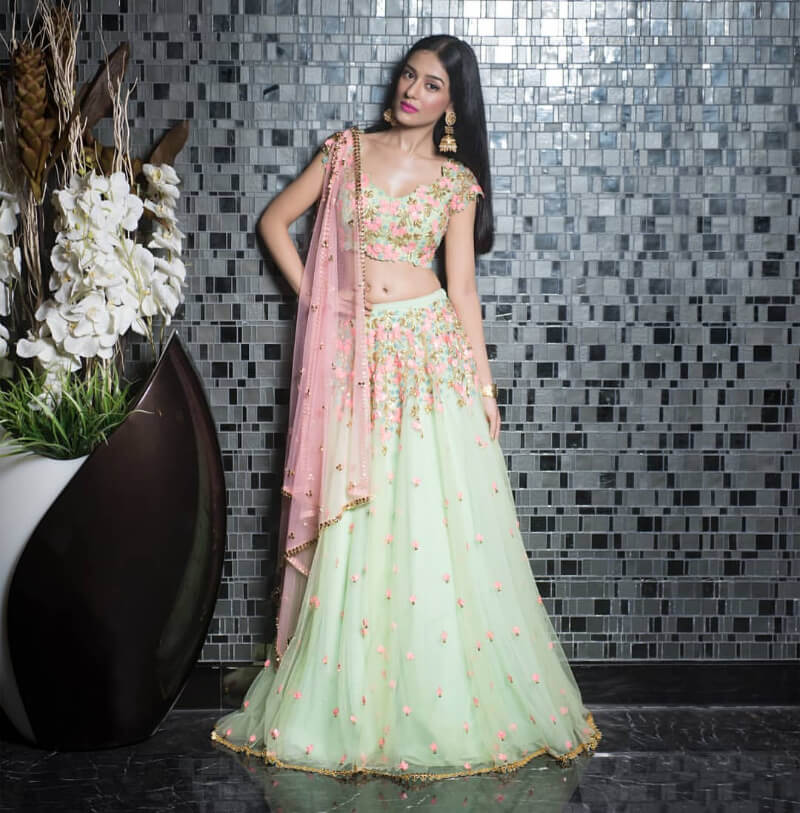 Amrita Rao in pastel blue and blush pink lehenga set perfect for wedding season