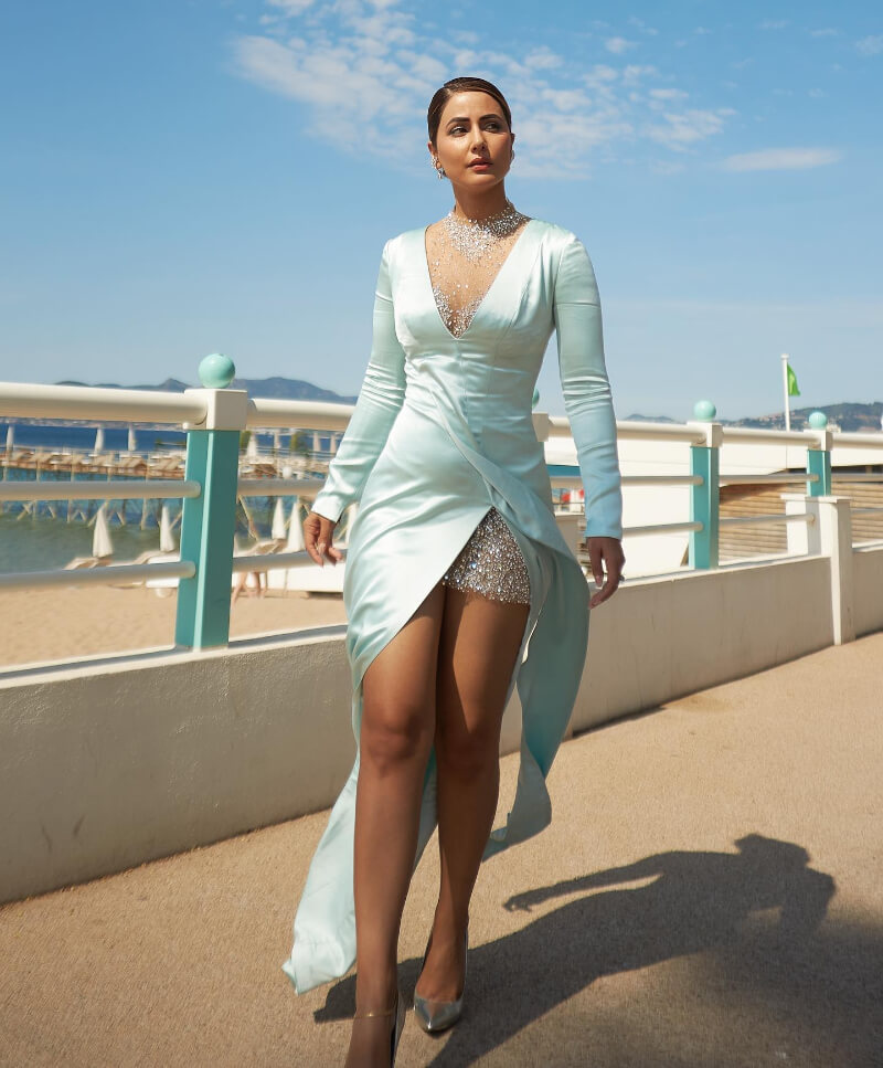 At Cannes Film Festival Actress Hina Khan Is looking Fabulous in an ice blue slit gown