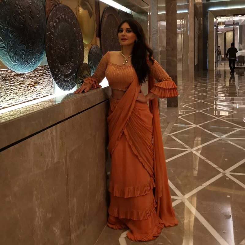 Bheja Fry  Actress Minissha Lamba in Orange Ruffled Sare With embellished Blouse