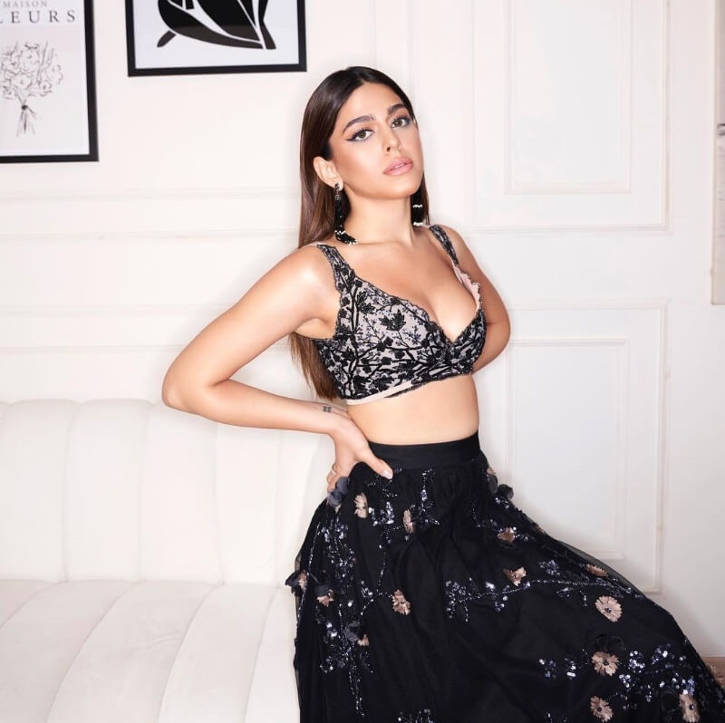 Bollywood Actress Alaya F Looks In Black Lehenga With A Printed Bralette Styled By Sanam Ratansi