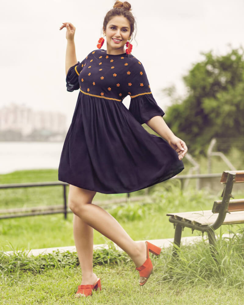 Bollywood actress Huma Qureshi in Navy Blue Floral Print Dress