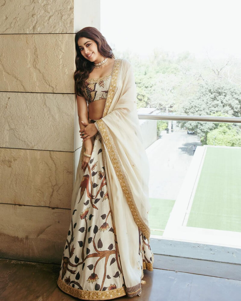 Janhvi Kapoor's Stunning Embellished Lehenga Collection Bollywood Actress Janhvi In Beige Chanderi Silk Floral Print Lehenga Set
