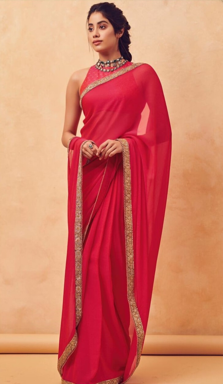 Bollywood Actress Janhvi Kapoor In Red Embellished Plain Saree