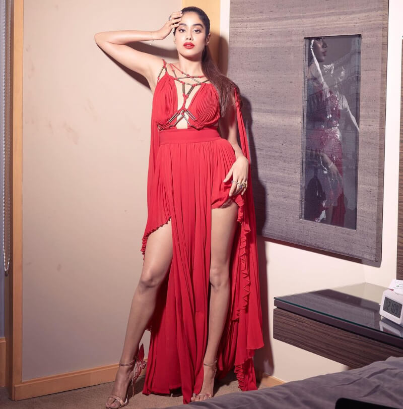Bollywood actress Janhvi Kapoor wearing fiery red dress