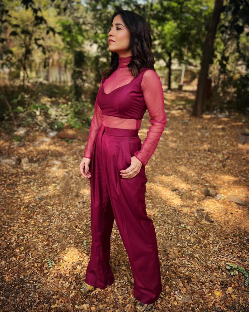 Bollywood Actress Shweta Tripathi in the burgundy top and wide-leg pants