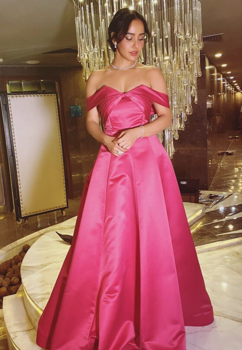 Crook Actress Neha Sharma In Pink Off Shoulder Voluminous Gown
