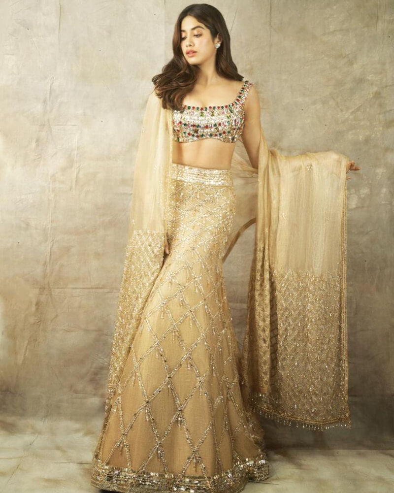 Janhvi Kapoor's Stunning Embellished Lehenga Collection Fashion Icon Jahnvi In Golden Embroidered Lehenga Set