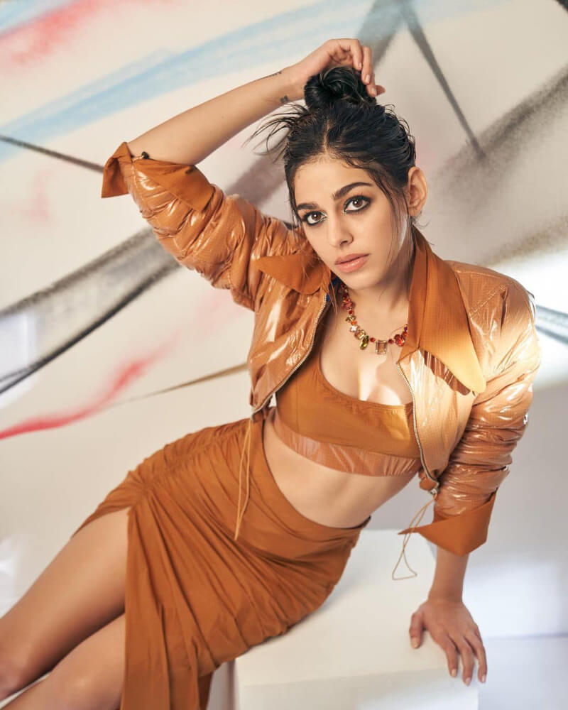 Indian-based model Alaya F in Brown co-ord set and leather jacket