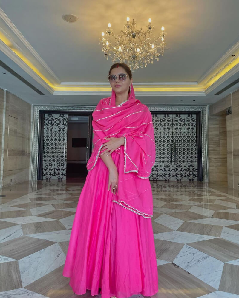 Indian tv celebrity rubina in all pink suit set