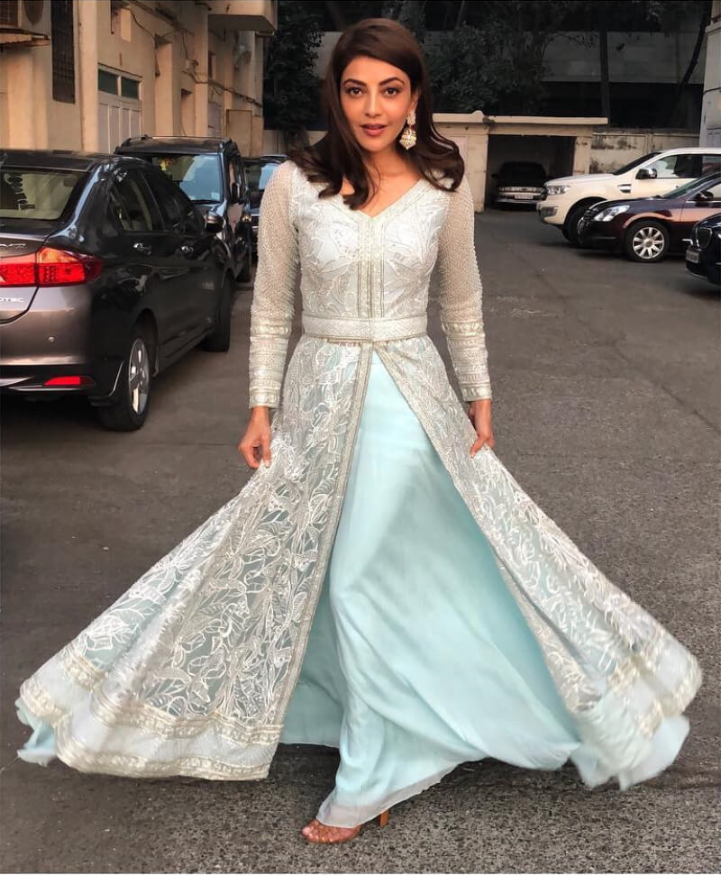 Instagram Queen Kajal Agarwal in pastel pink and blue dress with pearls