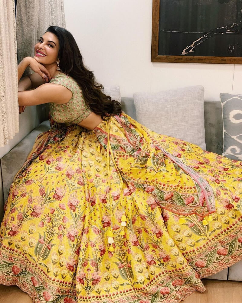 Jacqueline Fernandez  In printed yellow lehenga Designed By Anita Dongre