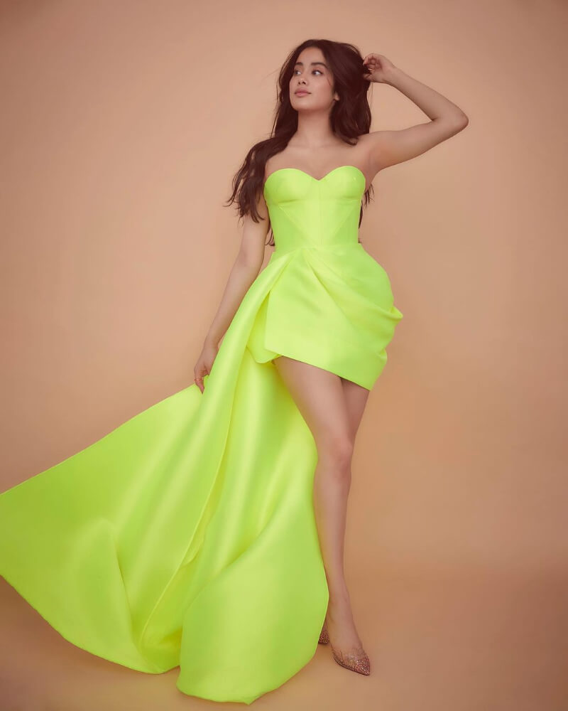 Janhvi Kapoor in designer mini neon dress for Roohi promotions