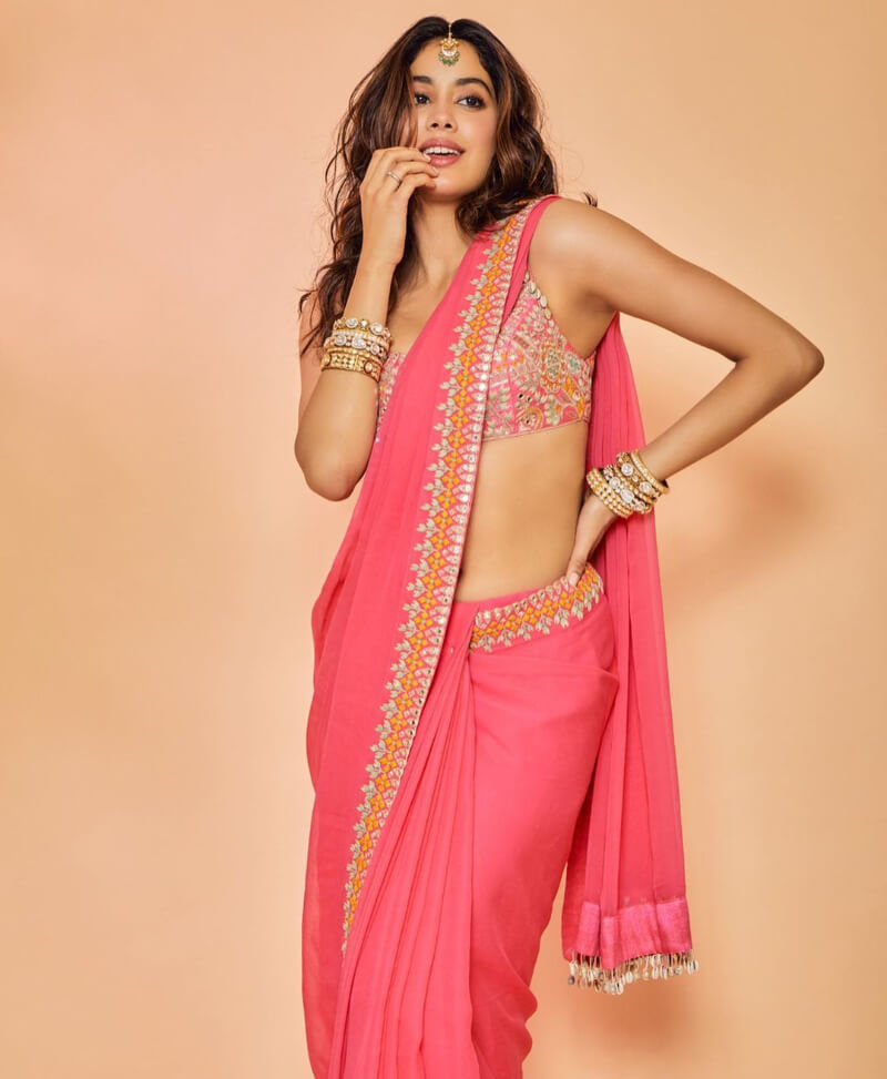 Janhvi Kapoor In Designer Pink Sari By Arpita Mehta
