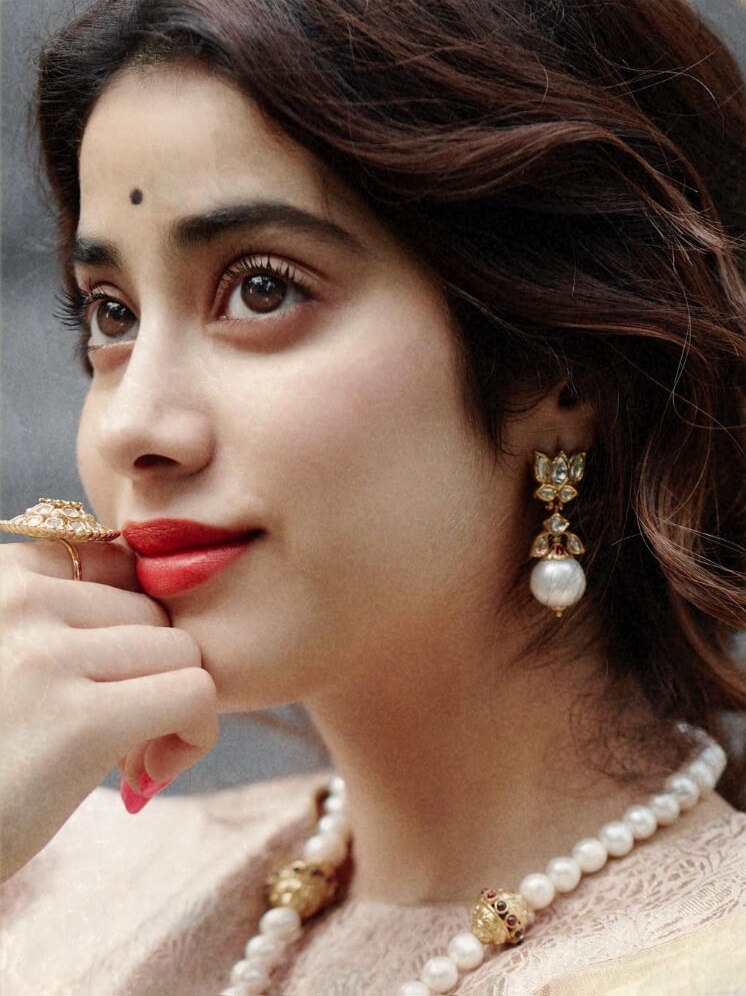 Janhvi Kapoor in Gold Pearl Drop Earrings