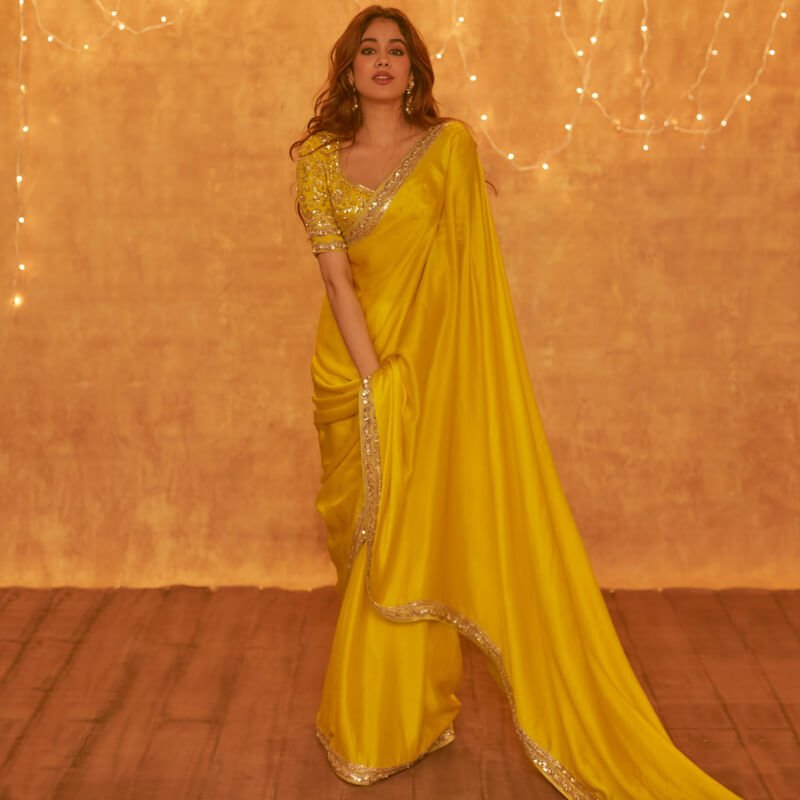 Janhvi Kapoor In Manish Malhotra Classic Yellow Saree With Zari Embroidery