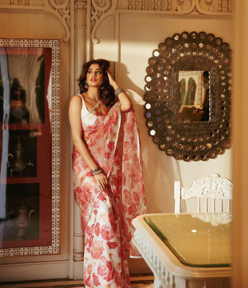 Janhvi Kapoor In Pink Floral Pink Organza Sari With White Sleeveless Blouse
