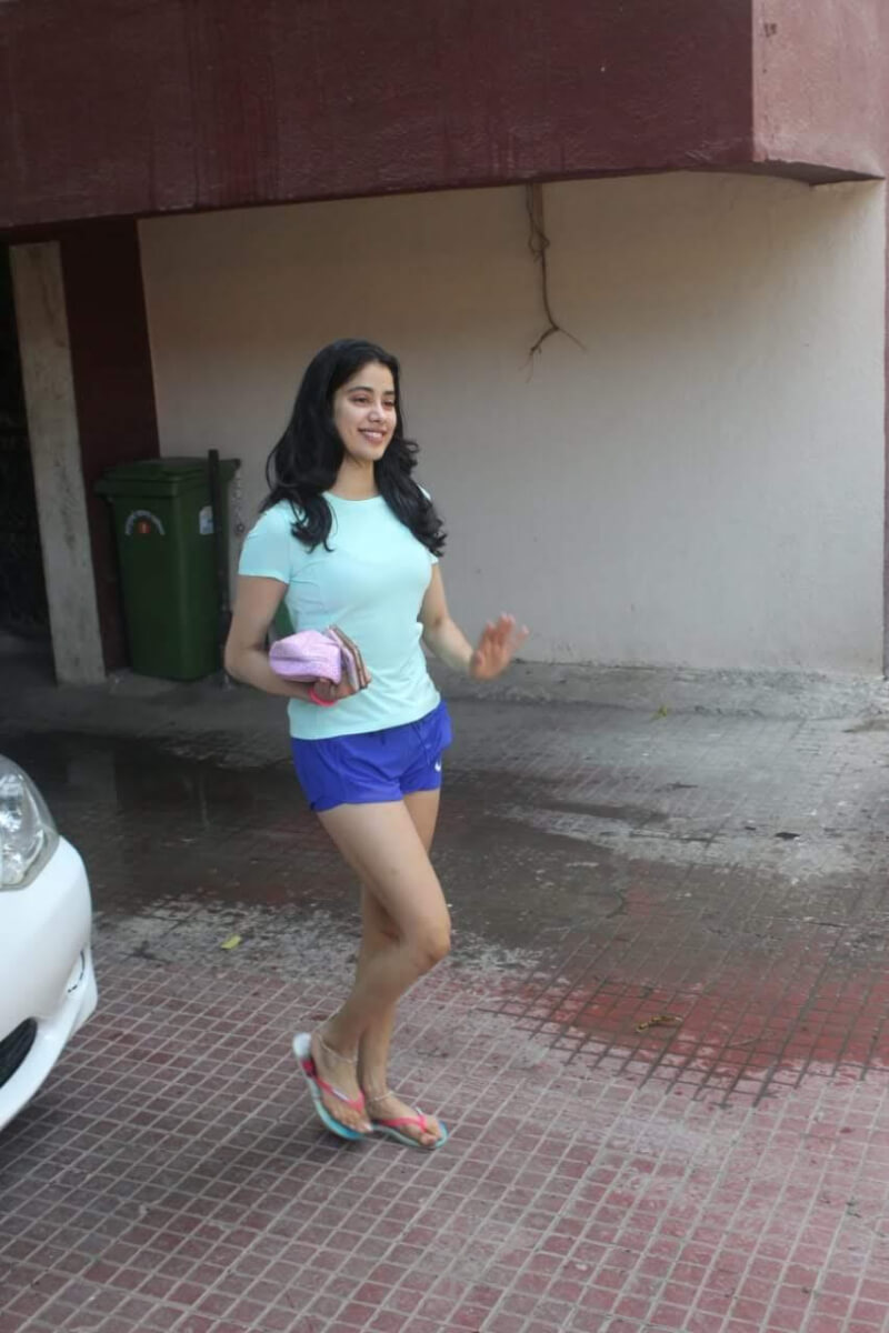 Janhvi Kapoor Visits The Gym  In Blue T-shirt  And Navy Blue Shorts
