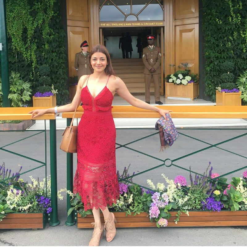 Kajal Aggarwal at Wimbledon in red lace midi dress