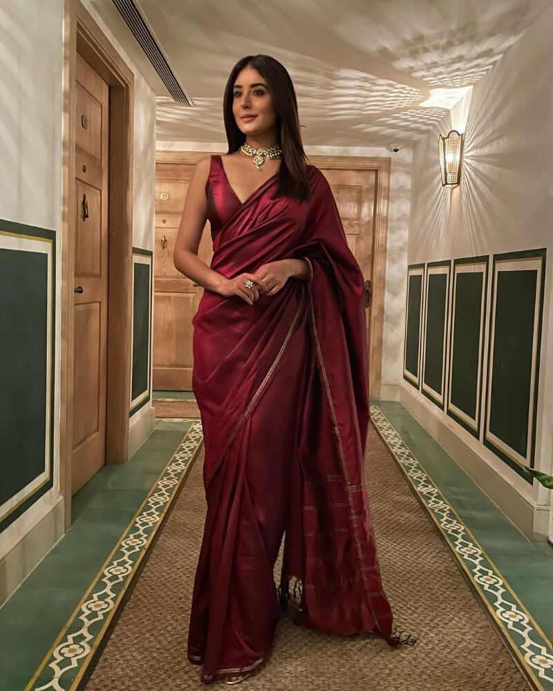 Kritika Kamra in maroon coloured saree