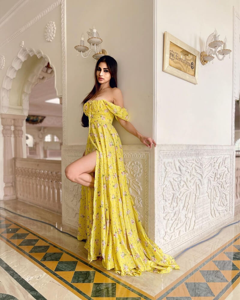 Made In China Actress Mouni Roy In a bright yellow long front-slitted dress