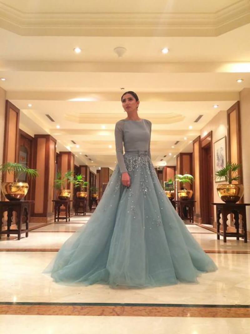 Mahira Khan in lacy turquoise blue gown