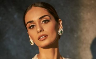 Manushi Chhillar in round silver & Green Gold-Plated stud earrings