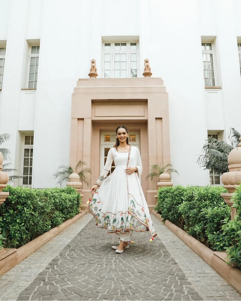 Manushi Chillar in full sleeves White Anarkali paired with pants and dupatta