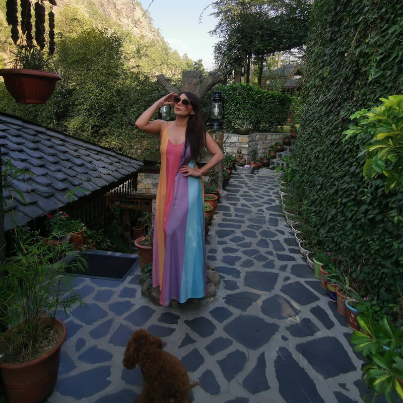 Minissha Lamba enjoying vacation in  Long Colorful Sling Print Sleeveless Dress