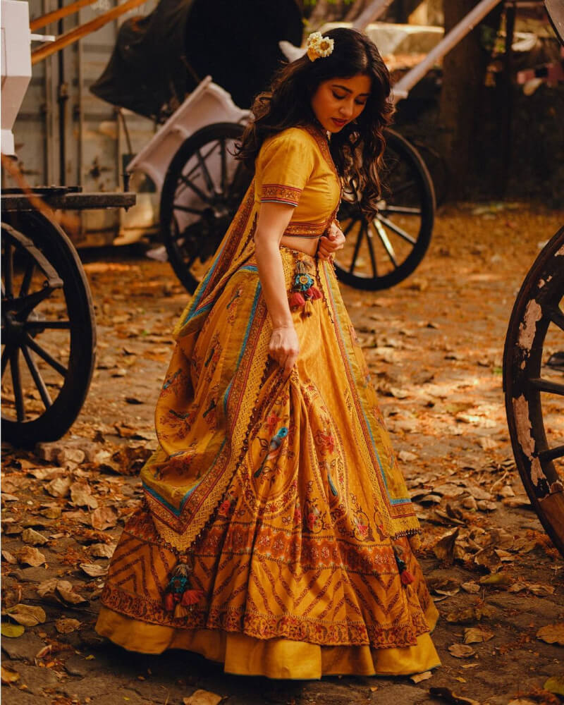 Mirzapur series Actress Shweta Tripathi in A Printed Yellow Lehenga  by Torani