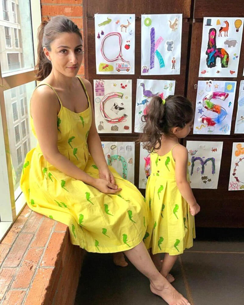 Mother Soha Ali Khan and Inaaya are twinning in yellow printed dresses good for summer