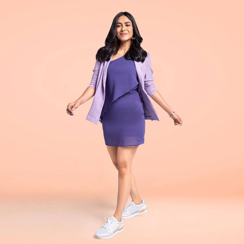 Mrunal in purple short dress for Amazon Fashion Up-We're drooling Over Mrunal Thakur's Western Outfits