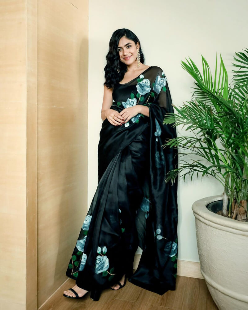 Mrunal Thakur in lovely black floral saree