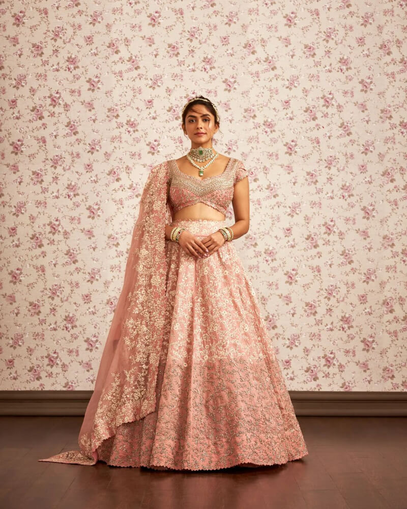 Mrunal Thakur shoot for a  bridal collection in blush satin organza lehenga