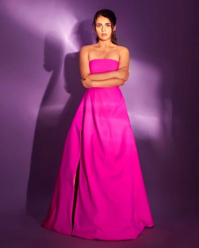 Radhika Madan in a pink asymmetric A line designer gown
