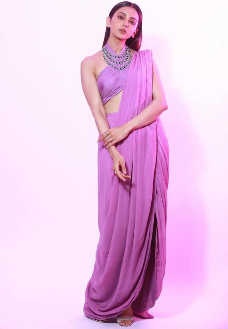 Rakul Preet Singh shines in purple Halter-Neck saree With Front Slit