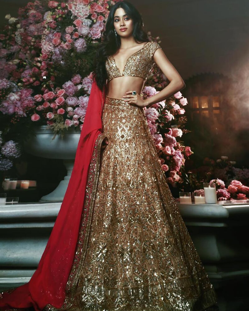 Janhvi Kapoor's Stunning Embellished Lehenga Collection Roohi Actress Janhvi In Beige Embellished Lehenga With Red Dupatta