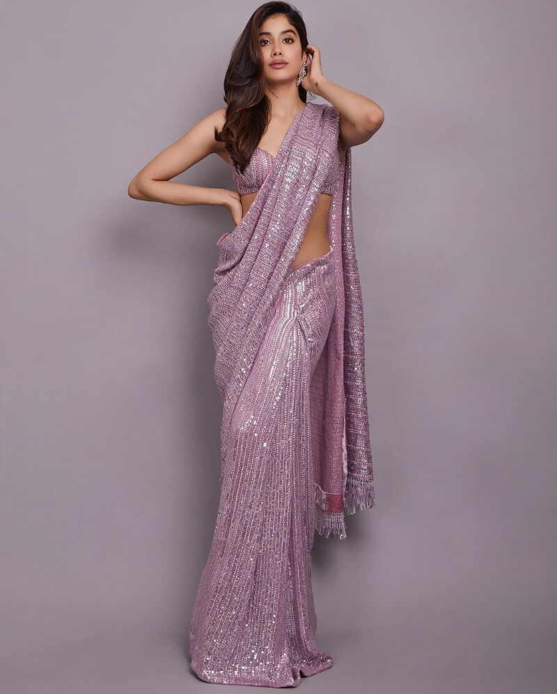 Social Media Star Janhvi In Lavender Sequinned Saree With Matching Blouse