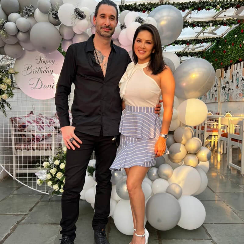 Sunny Leone Celebrate Her Husband's Birthday In White Top And Blue Skirt