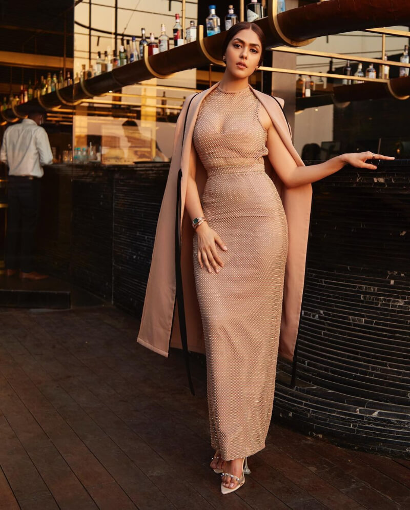 super 30 actress Mrunal Thakur in a sheer bodycon outfit