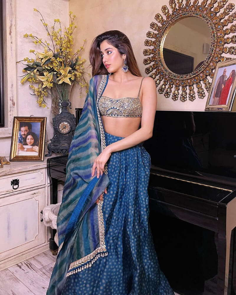 Teal Colored Polka Print Lehenga With Hand-Embroidered Blouse