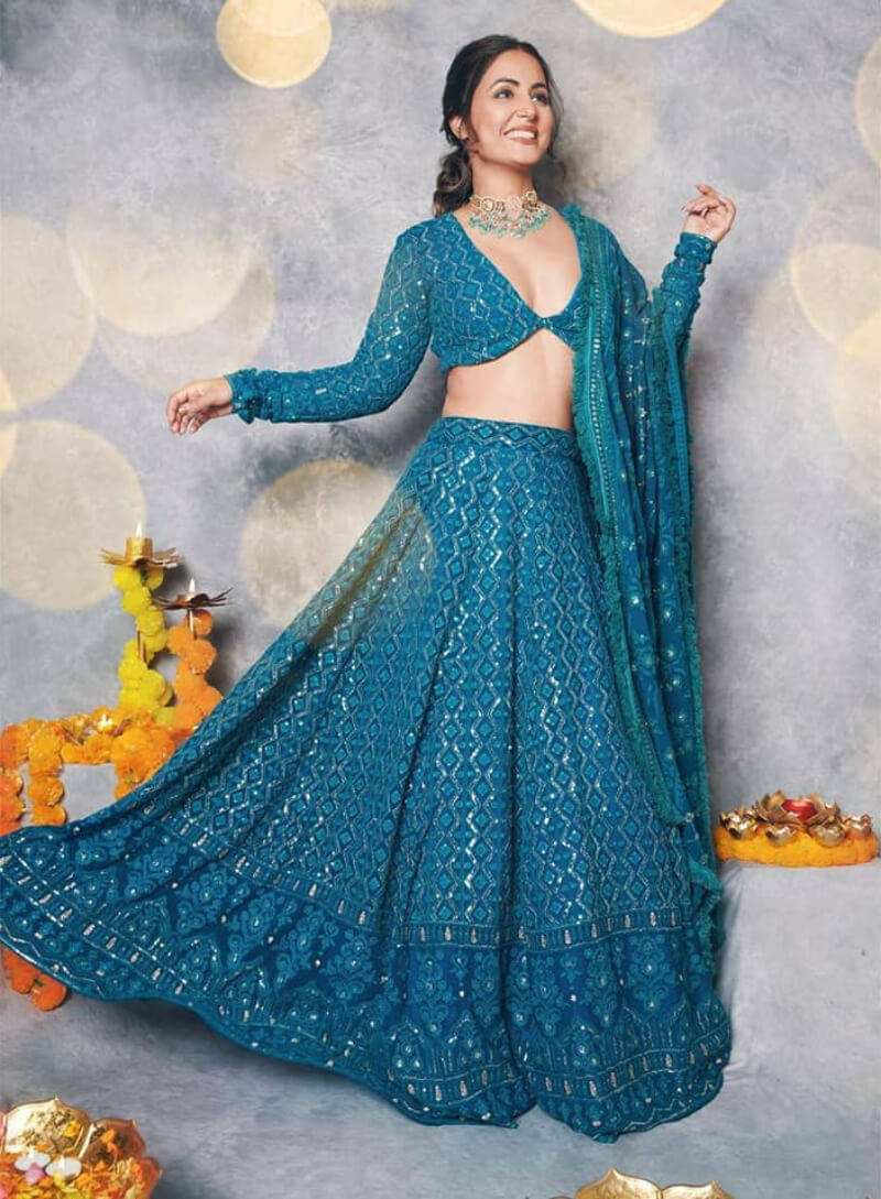 Yeh Rishta Kya Kehlata Hai Fame Actress Hina Khan in Blue Color Georgette Lehenga Choli