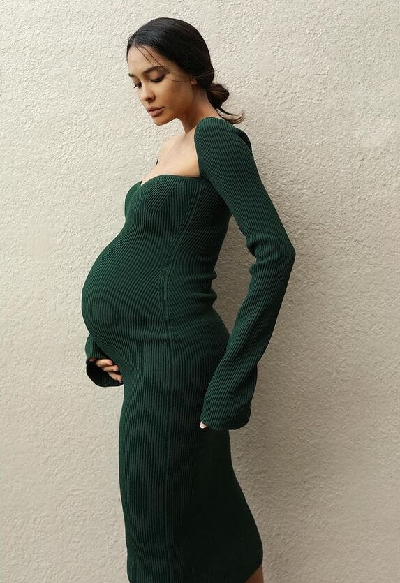 Lisa Haydon Celebrating Motherhood Maternity Fashion Green low-cut stretch wool crepe dress
