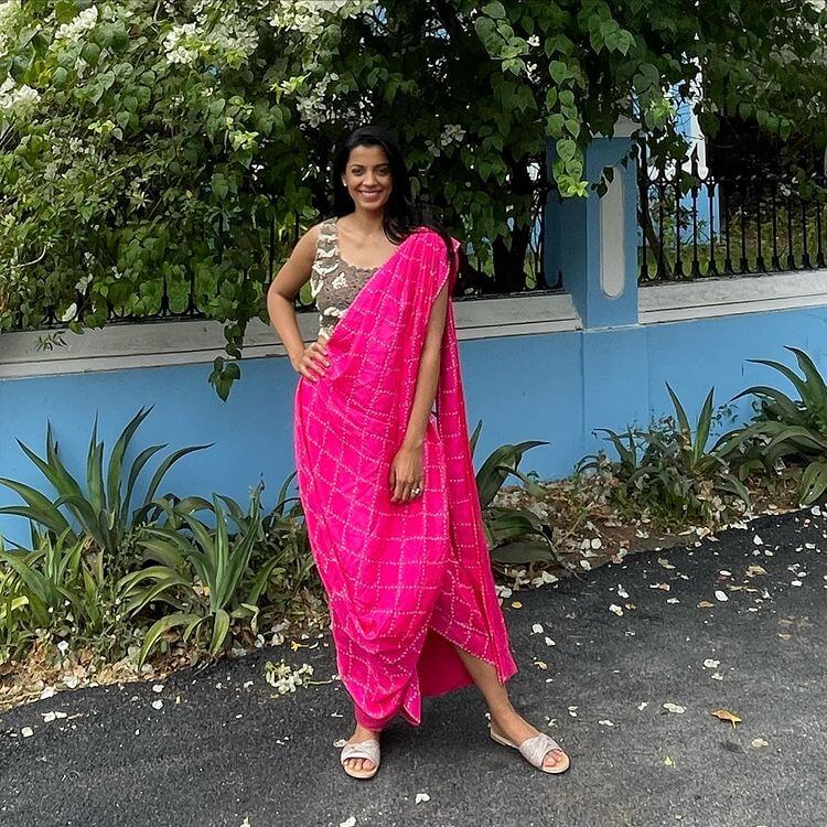 Mugdha Godse's Ethnic Wear, Gown, and Dresses A Glamorous Look In A Pink Check Saree With A Designer Blouse