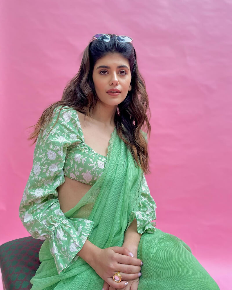 Sanjana Sanghi Dresses Outfits Style A Must-have Sage Green Crepe Saree With A Printed Blouse