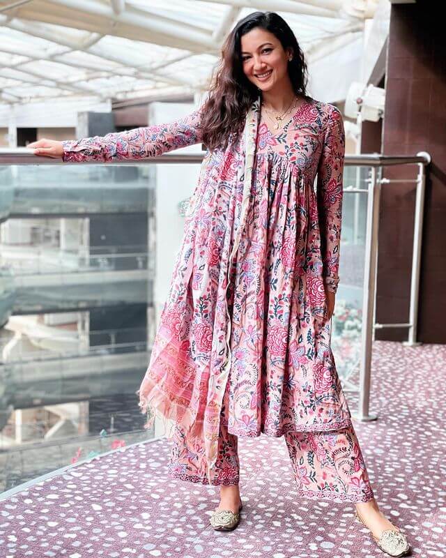 Actress Gauahar Khan in pink paisley long suit set