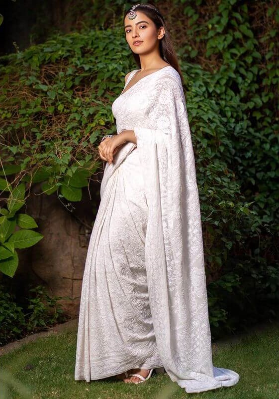 Tollywood Actor Rukshar Dhillon's Trendy Sarees, Dresses, Outfits Amazing Look in White Embroidery Saree