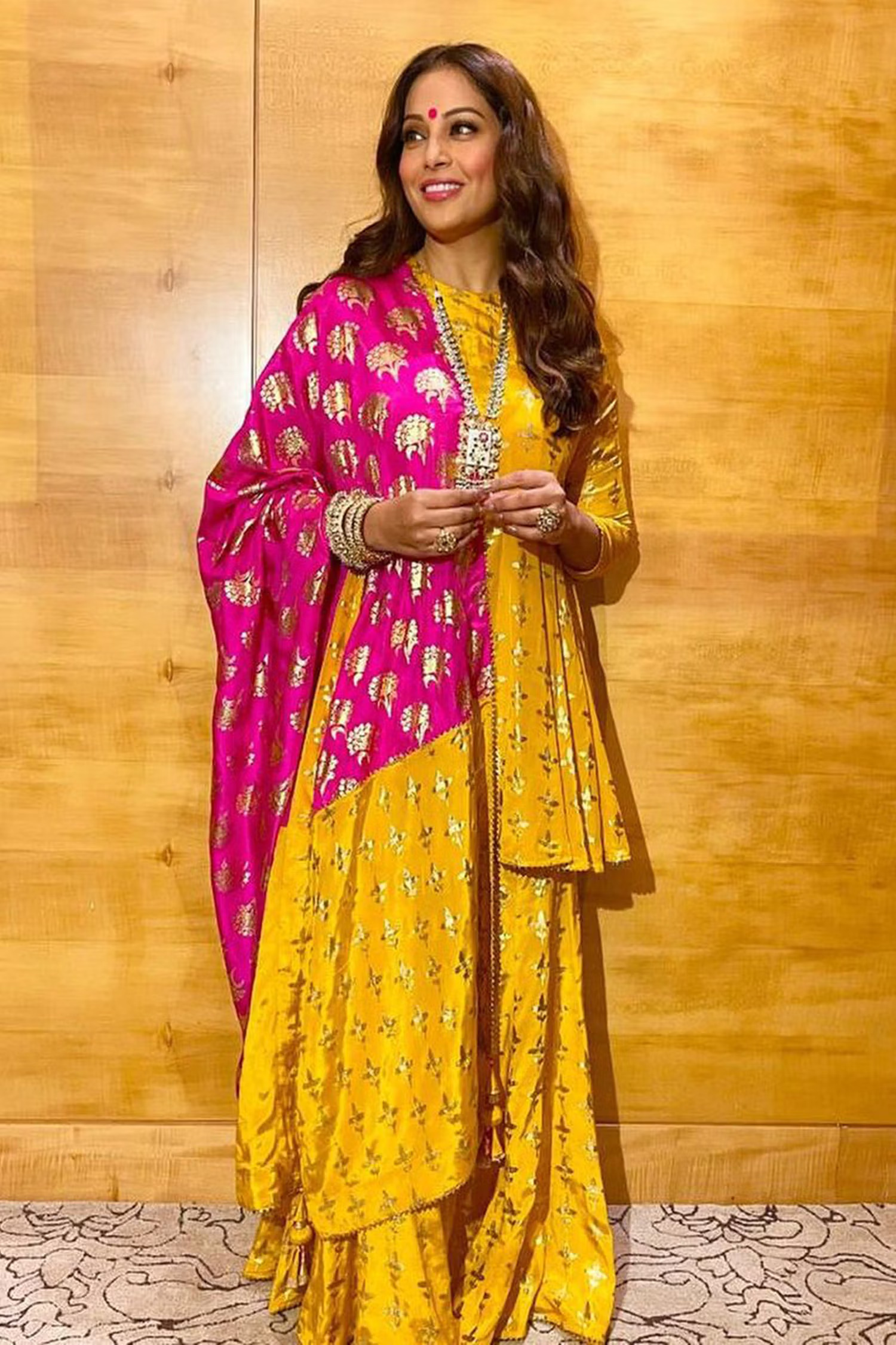 Bipasha Basu  in Yellow Crepe Triangular Flower Sharara Set by Masaba is perfect for the festive season