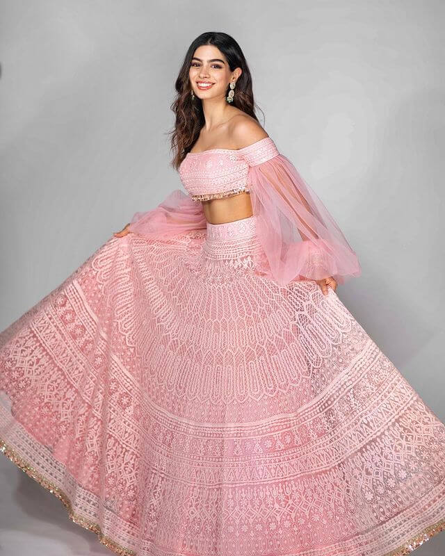 Film Actress Khushi Kapoor in a pretty pink lehenga with white patterns