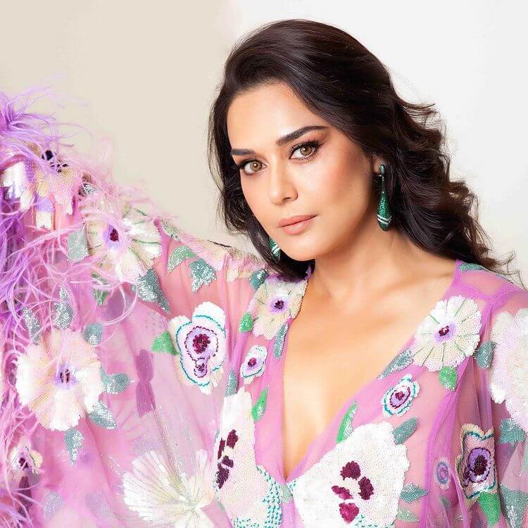 Hindi Cinema Actress Glam Look In A Purple Floral, Feather Dress